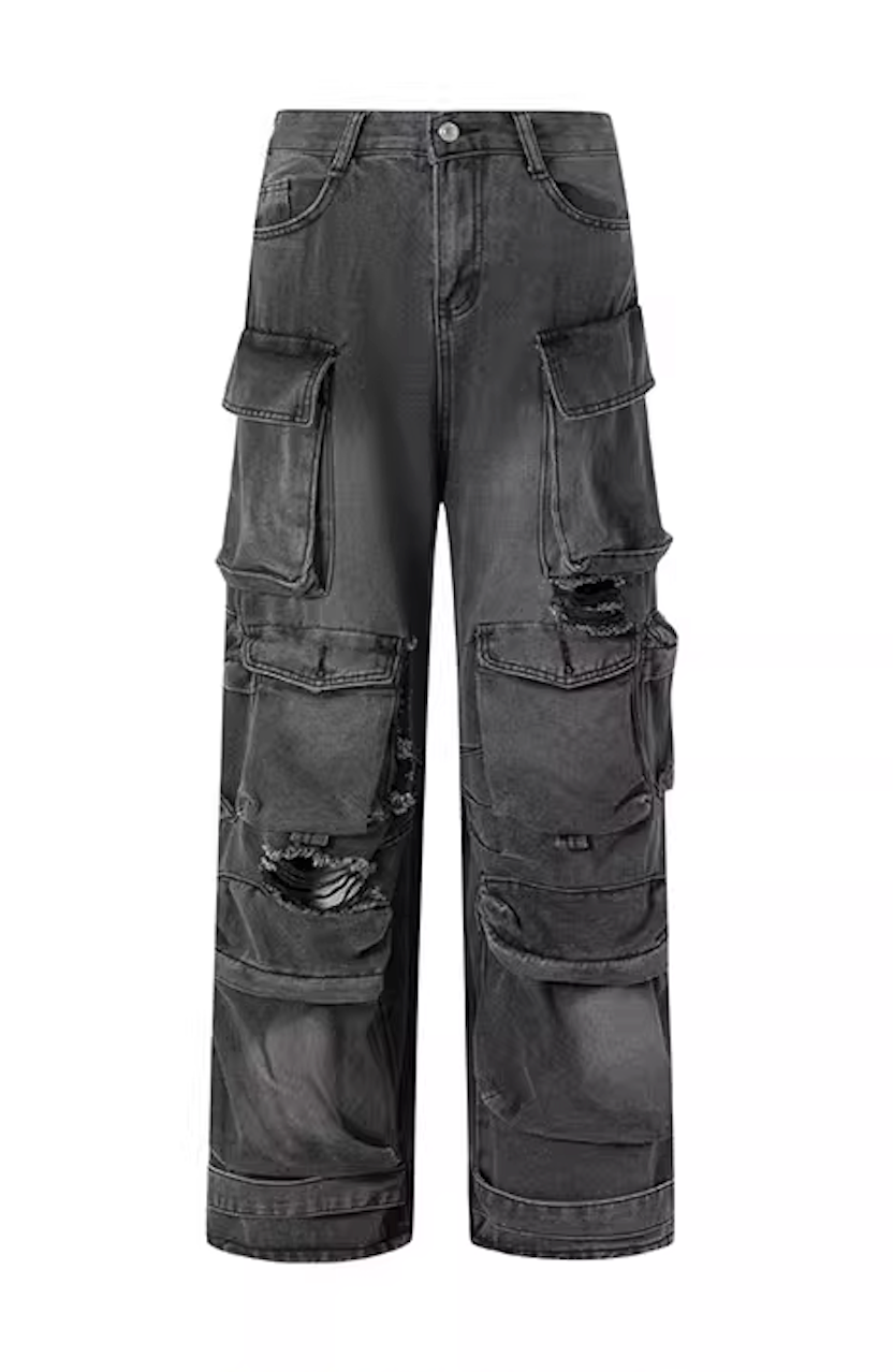 American retro trendy brand design sense multi-pocket jeans men's and women's hip-hop straight-leg pants