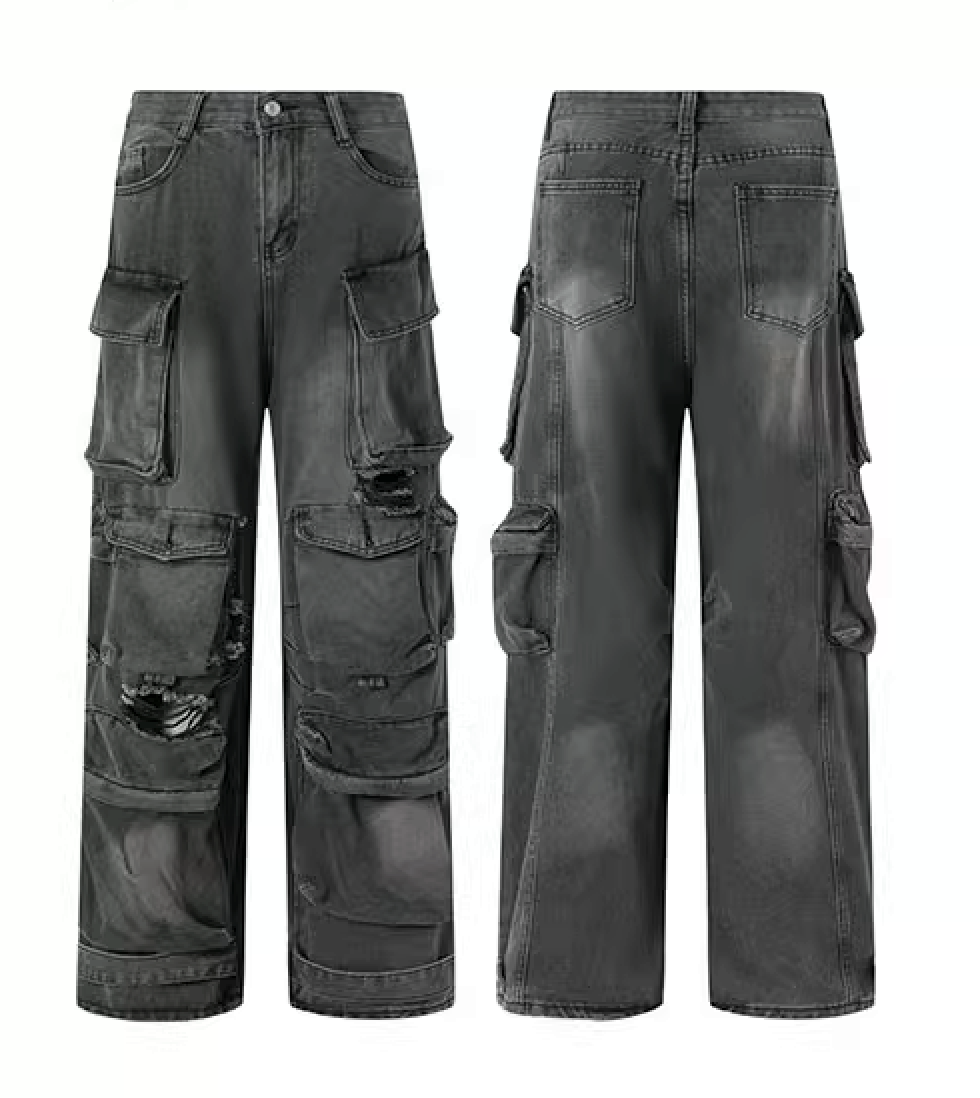 American retro trendy brand design sense multi-pocket jeans men's and women's hip-hop straight-leg pants