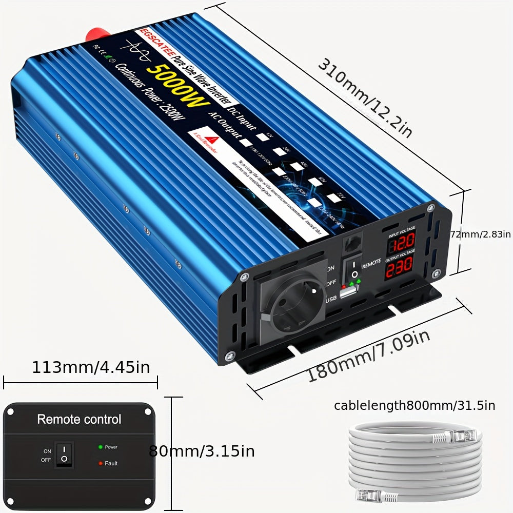FLAMEZUM 3000W-6000W DC12V/24V to 220V Pure Sine Wave Inverter with LCD Remote Control, EU Socket & AC Output for Car, RV, Solar Panel - Compact Design, No Battery Needed, Inverter for Solar Panels, Vehicle Electrical Upgrade, Modern Electronics, Durable
