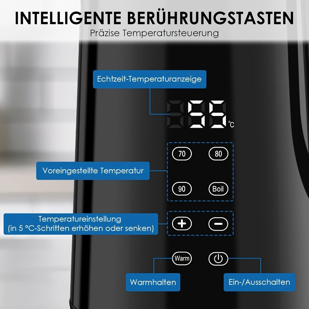 1.7L Stainless Steel Electric Kettle with Digital Temperature Control (40-100°C), Double-Wall Insulated, Dry Run Protection, BPA-Free, Black - Perfect for Home and Commercial Use