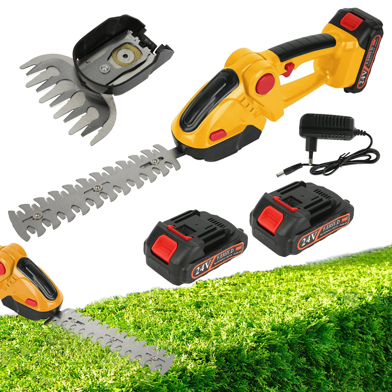 1 Set 24V Elektrischer Heckenmesser mit Akku, Haushalts 2-in-1 Gras- und Strauchschneider, 90° verstellbar, kabelloser wiederaufladbarer Strauchschneider, Unkraut- und Gartenschnitt für Rasen und Garten