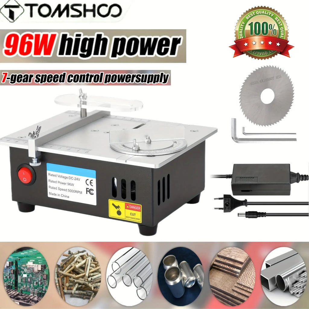 TOMSHOO Tragbarer Tischkreissäge 96W Kompakte Tischkreissäge 9000RPM Tischkreissäge Multifunktionale Tischkreissäge Elektrische Desktop-Sägen Kleine Haushalts-DIY-Sägenblatt Höhenverstellbarer Schneidwerkzeug Holzbearbeitungsmaschine