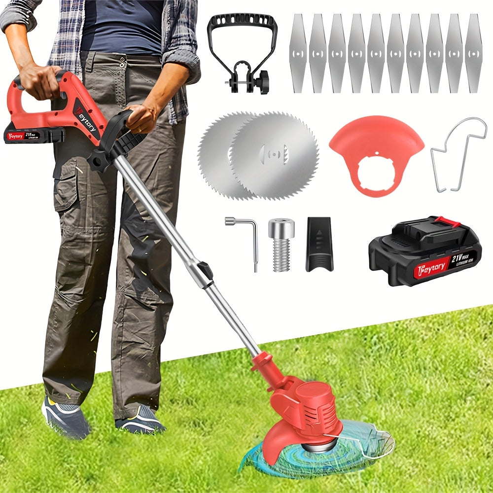 21V Akku-Elektro-Trimmer mit Akku und Messern, Teleskopfaltbare 90° Drehkopf, Batteriebetrieben, für Garten, Rasen und Ackerland