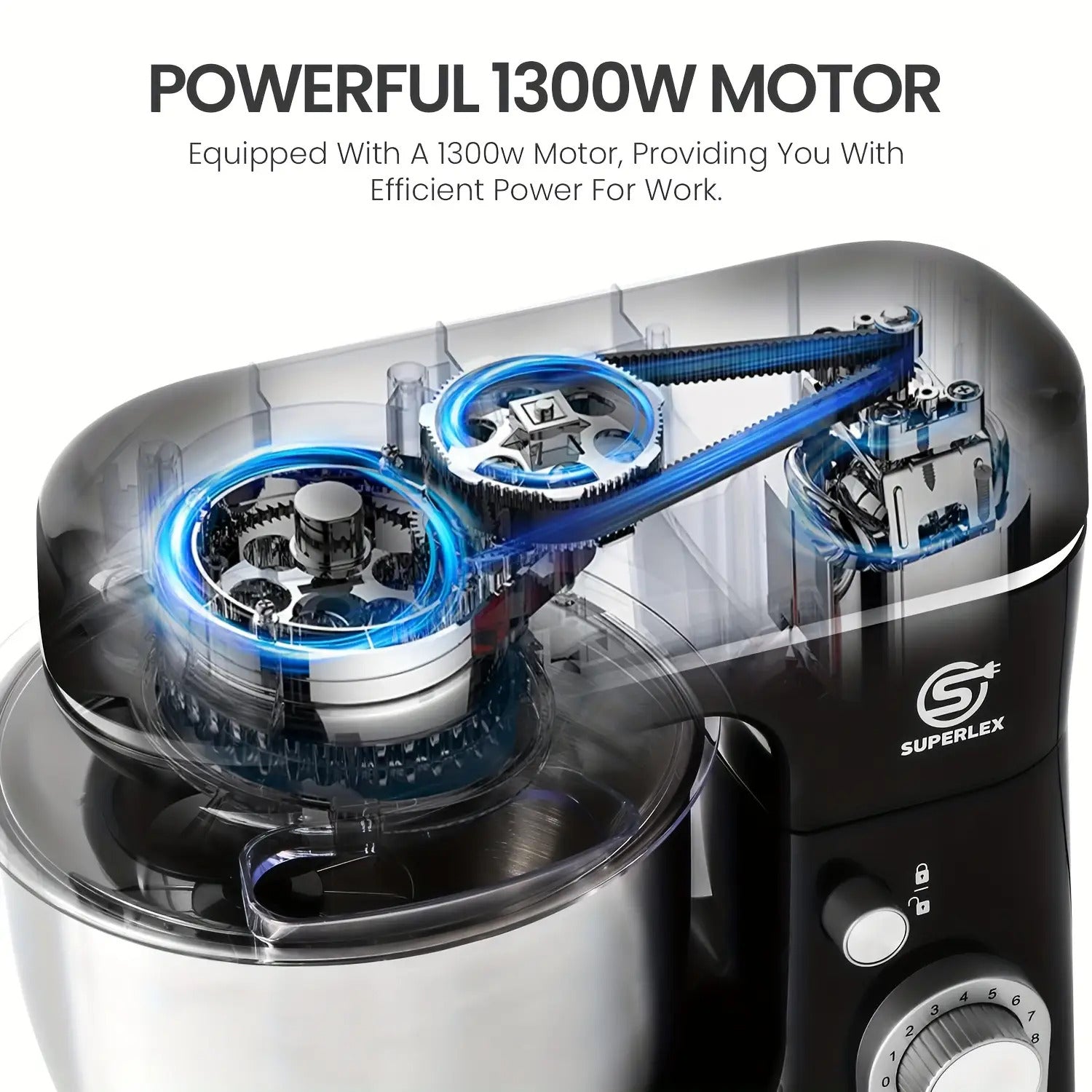 SUPERLEX 3-in-1 Standmixer 5L mit 8 Geschwindigkeiten, Küchenmaschine mit Pulsfunktion, Teighaken, Schneebesen und Rührbesen für Kuchen und Brot, 1300W [Energieklasse A+++