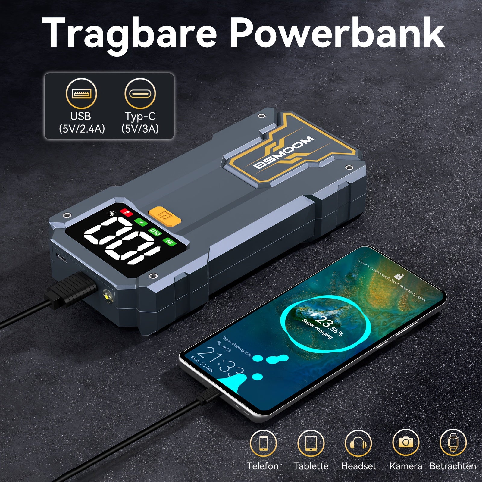 7000A Auto Starthilfe mit LED-Taschenlampe, großem LCD-Bildschirm, 12V Auto Notbatterie Booster Pack, Starthilfebox, tragbares Ladegerät, Powerbank