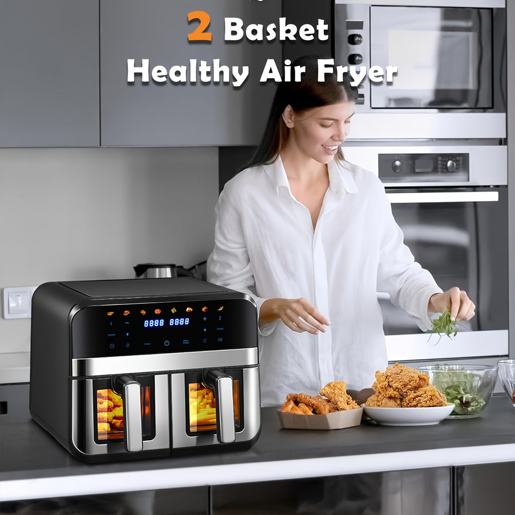 9L Doppel-Luftfritteuse mit Sichtfenster, 8 Kochvorsätze, Touchscreen, LED-Display, Digitale Zonenluftfritteuse mit Kochbuch, Timer & Temperaturkontrolle, Antihaftbeschichtet