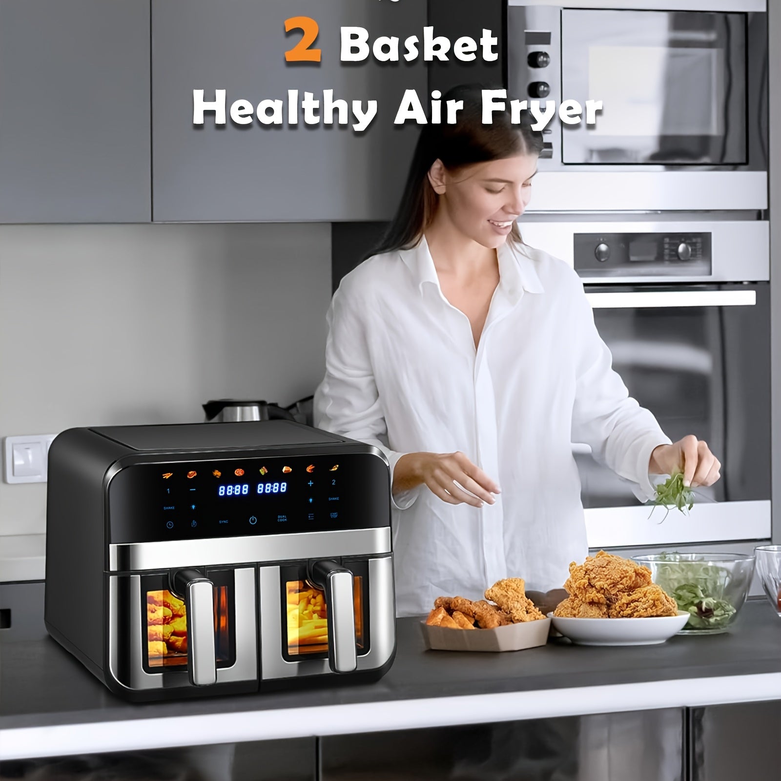 9L Doppel-Luftfritteuse mit Sichtfenster, 8 Kochvorsätze, Touchscreen, LED-Display, Digitale Zonenluftfritteuse mit Kochbuch, Timer & Temperaturkontrolle, Antihaftbeschichtet