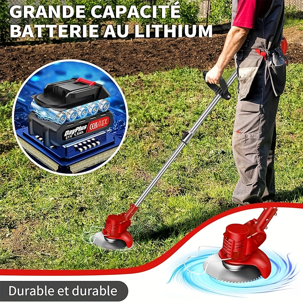 21V Akku-Elektro-Trimmer mit Akku und Messern, Teleskopfaltbare 90° Drehkopf, Batteriebetrieben, für Garten, Rasen und Ackerland