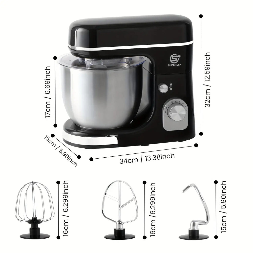 SUPERLEX 3-in-1 Standmixer 5L mit 8 Geschwindigkeiten, Küchenmaschine mit Pulsfunktion, Teighaken, Schneebesen und Rührbesen für Kuchen und Brot, 1300W [Energieklasse A+++