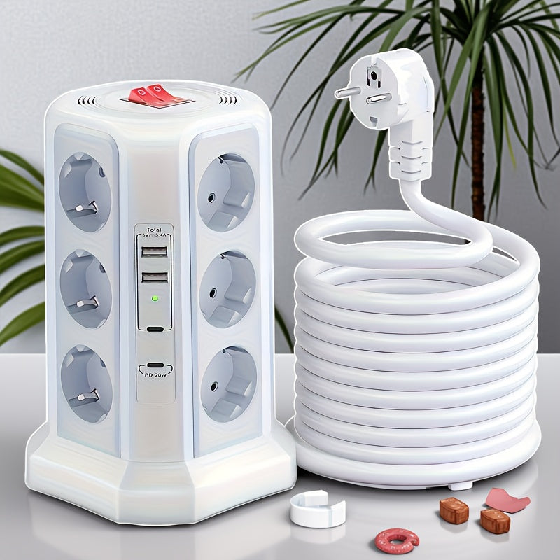 12-Fach Steckdosenleiste (4000W/16A) mit USB-C PD 20W, Turmsteckdose, Spannungsschutz, 4 USB-Anschlüssen und 2m Verlängerungskabel – Mehrfachsteckdose für Zuhause & Gewerbe