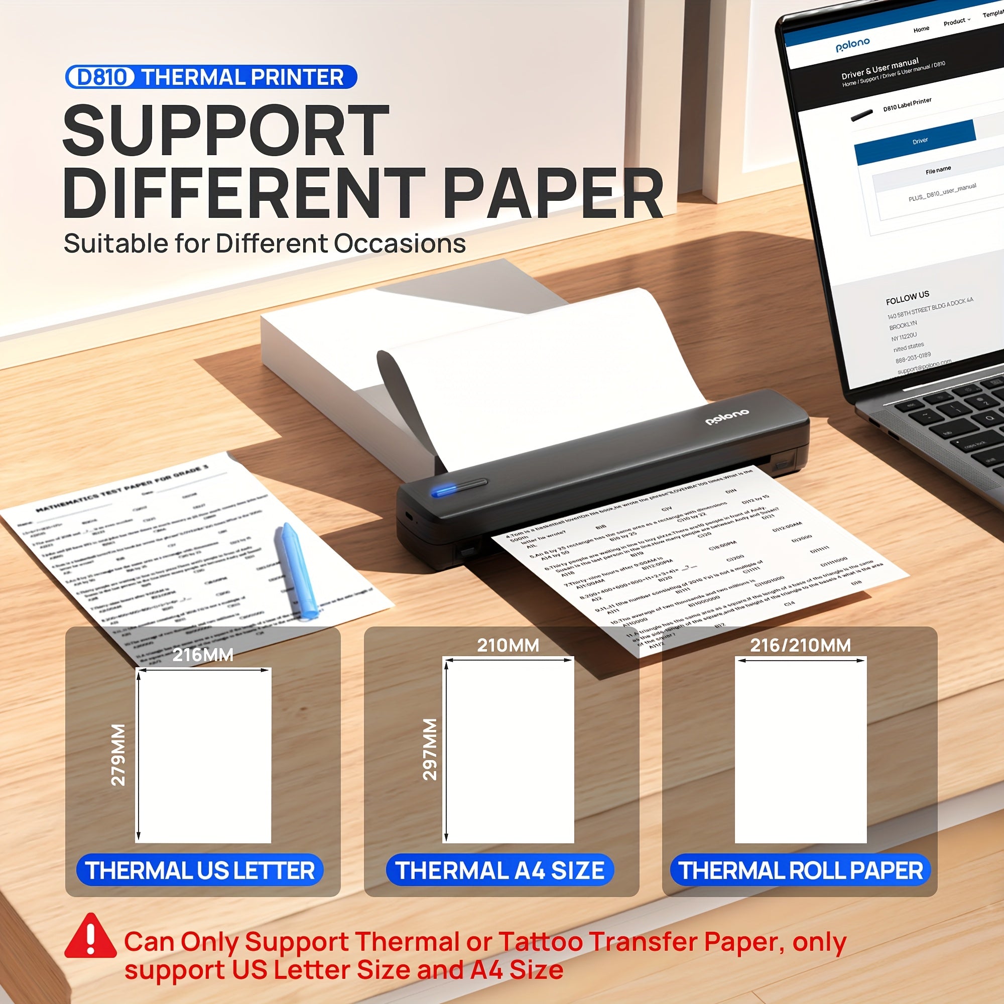 Tragbarer Tintenloser Drucker, Reise-Drahtloser Drucker, Thermischer Tattoo-Druckmaschine, Unterstützt A4 und US-Letter-Thermopapier, Kompatibel mit Smartphones und Laptops, Ideal für Business, Reisen, Büro & Zuhause