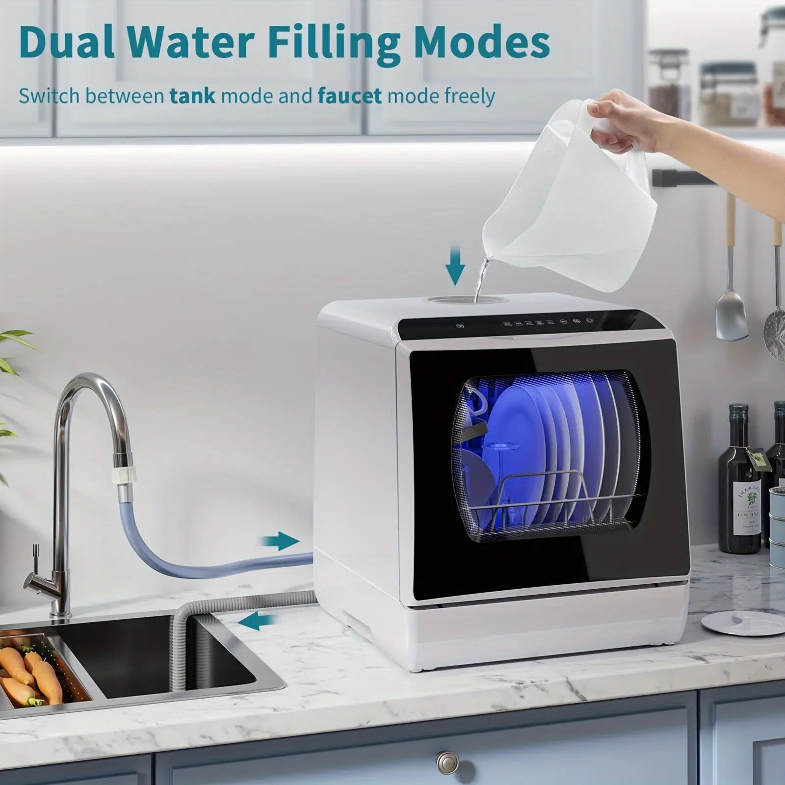 Unabhängiger Geschirrspüler für die Arbeitsplatte, 5+1 Waschprogramme, integrierter 5-Liter-Wasserbehälter, zwei Wasserzufuhrmodi, mit Heißlufttrocknung und automatischer Belüftungsfunktion, geeignet für Wohnungen, Wohnmobile und Wohnungen.