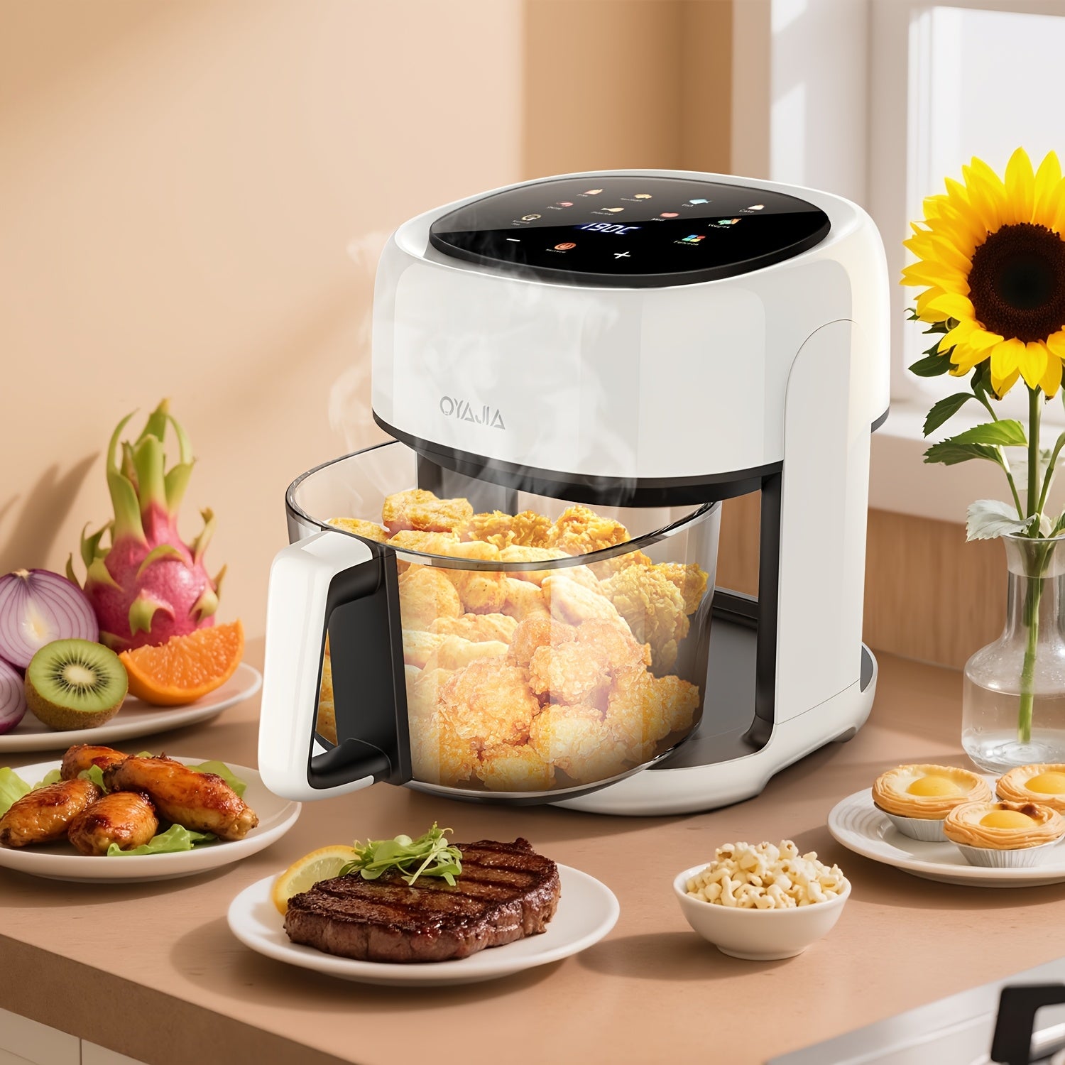 5L Großvolumige Heißluftfritteuse, Glas-Korb-Design, 1800W, 8 Touch-Voreinstellungen, Leicht zu Reinigen, Gesundes und Ölfreies Braten, Geeignet für Familientreffen & Küchengebrauch