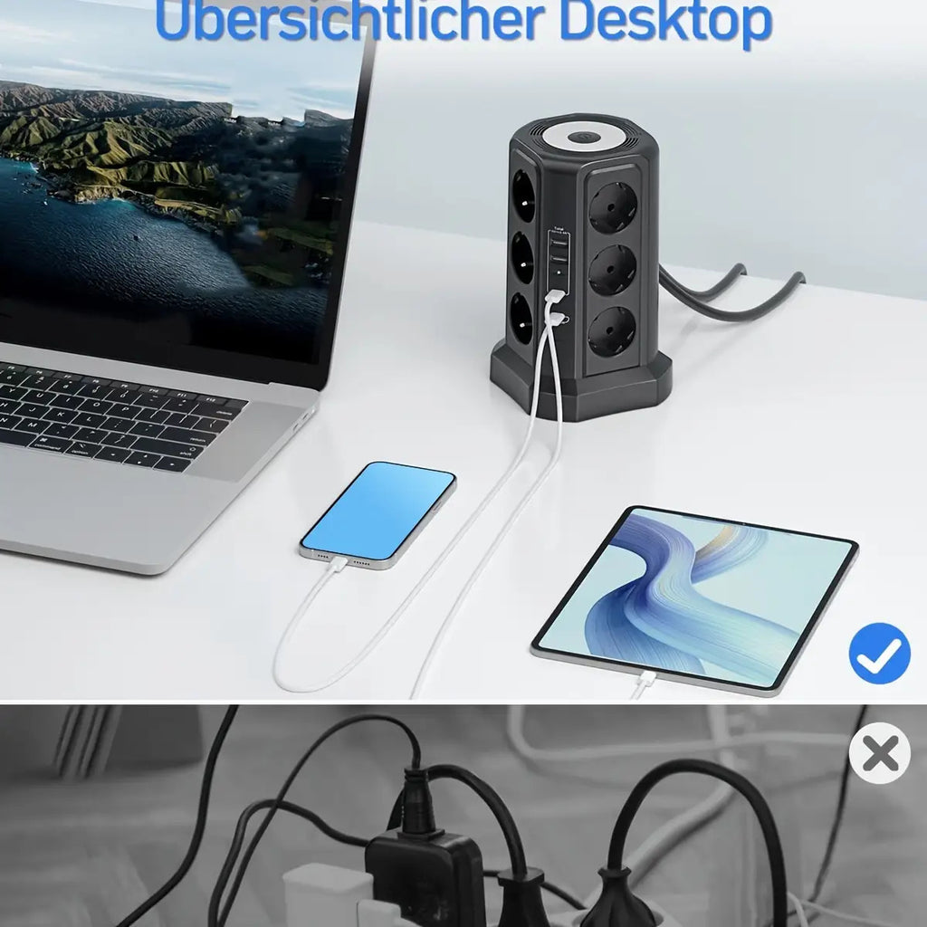 12-Fach Steckdosenleiste (4000W/16A) mit USB-C PD 20W, Turmsteckdose, Spannungsschutz, 4 USB-Anschlüssen und 2m Verlängerungskabel – Mehrfachsteckdose für Zuhause & Gewerbe