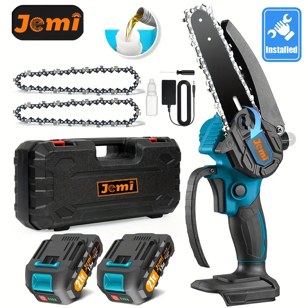 Jemi Tool 6-Zoll-Mini-Kettensäge mit automatischer Schmiersystem, 1/2 * 1.5Ah Akku, mit 1/2 Kette für Holzbearbeitung, Zweigschneiden, Gartenpflege