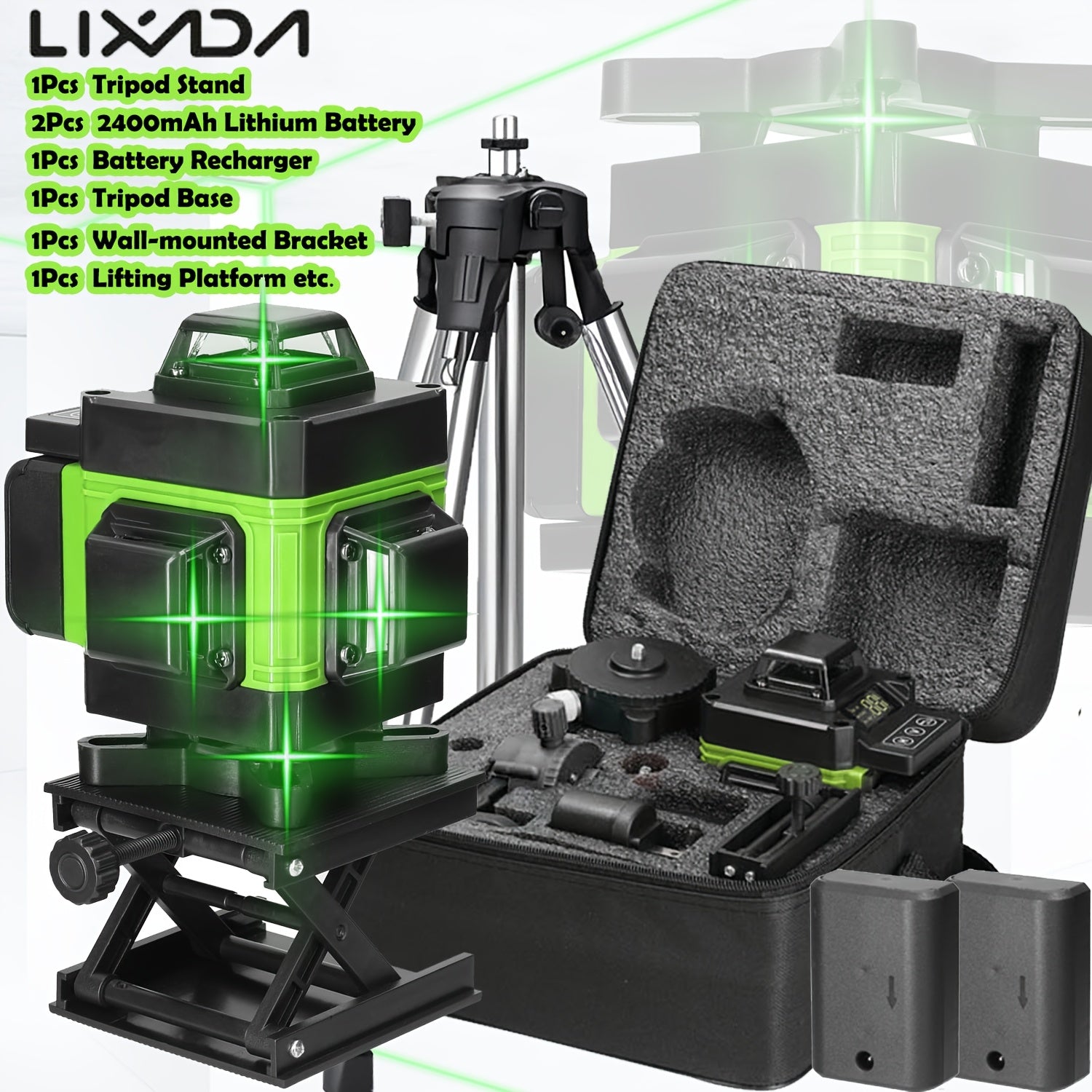 Lixada 4D 16 Lines Laser Level 3° Self-leveling Machine 2pcs 2400mAh USB Rechargeable Lithium Battery Leveling Tool with optional 1.2m 3-Heights Adjustable Alloy Extension Bar Tripod Stand