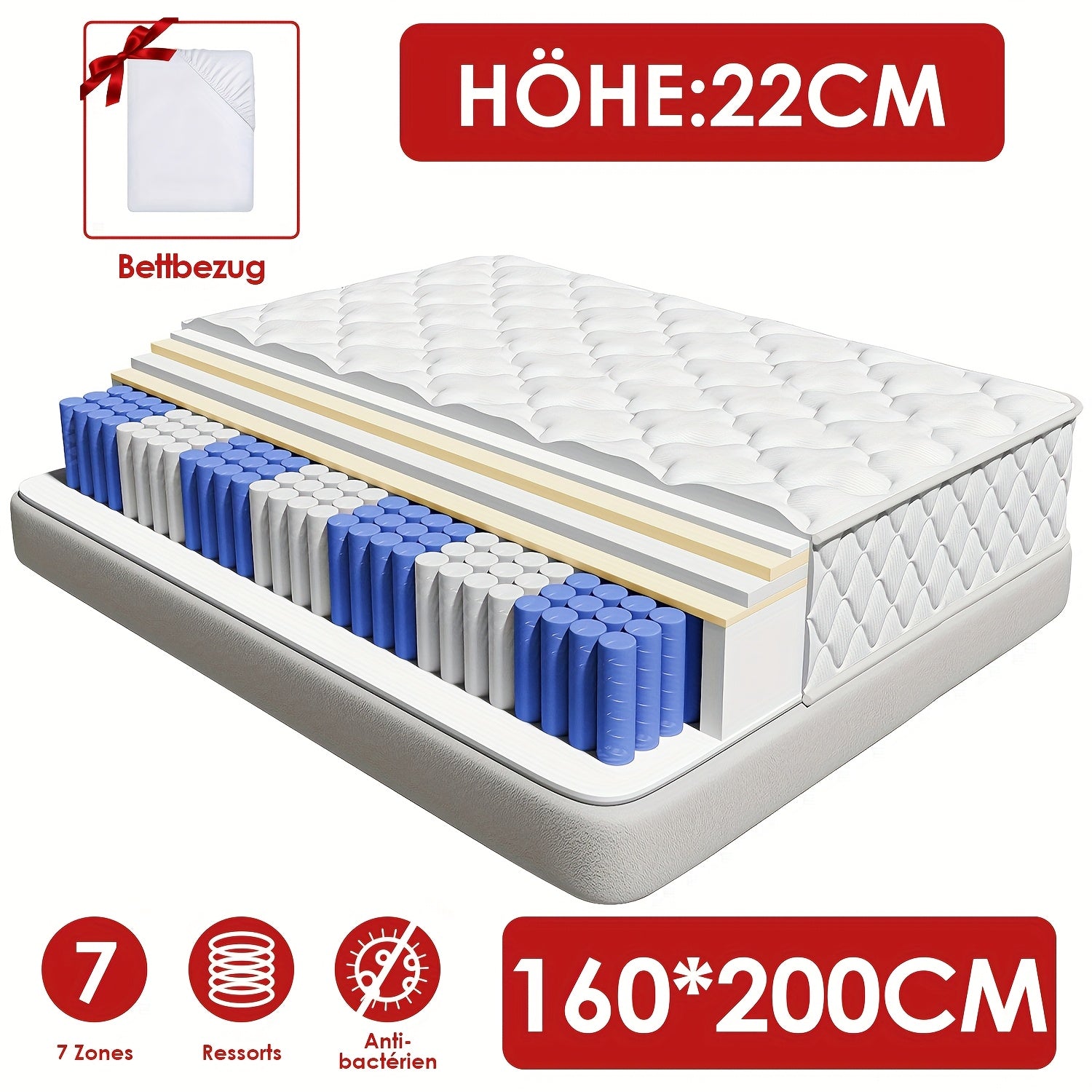 Gronfont Matratze 90x200/140x200cm, Höhe 25cm/22cm, Orthopädische 7-Zonen-Federkernmatratze mit Premium-Taschenfederung, Matratze inkl. Spannbetttuch, Härtegrad H3, Erwachsenenmatratze