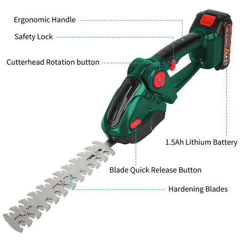 1 Set 24V Electric Hedge Trimmer with Battery, Household 2-in-1 Grass and Shrub Trimmer, 90° Adjustable, Cordless Rechargeable Shrub Scissors, Weeding Pruning for Garden Lawn