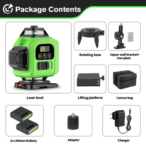 1 Set of 16 Lines Laser Level 360 Automatic Leveling, 4X360° Green Cross Line Laser Level Tool for Construction And Picture Hanging, 4D Laser Level with 2 Rechargeable Batteries