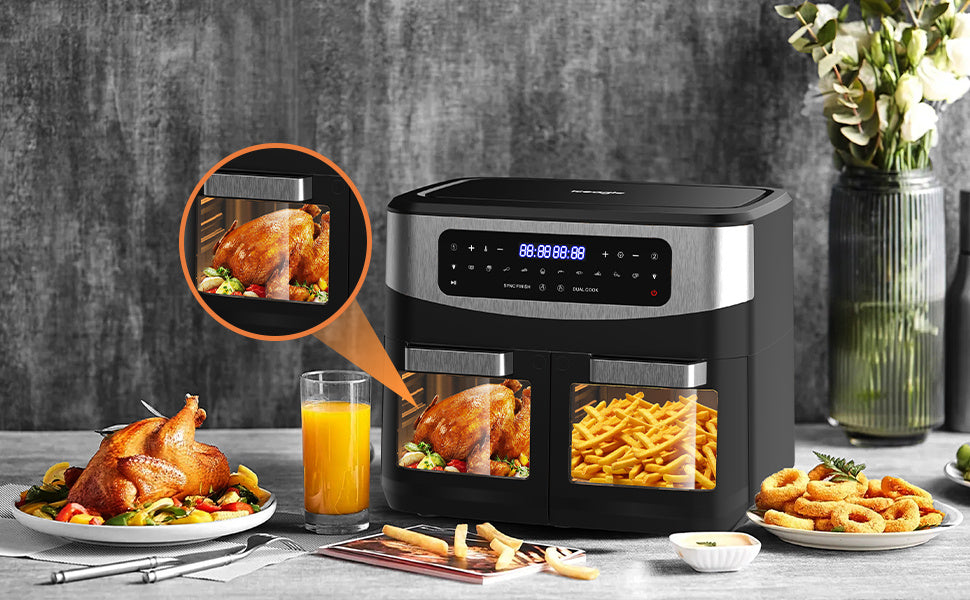 Heißluftfritteuse Doppelkammer Airfryer 12L - Heissluftfriteuse XXL Friteuse mit Sichtfenster, LED Touchscreen, 2 Fächer, 10 Programmen, Sync Finish & Dual Cook, Dörrer Funktion, 2600W
