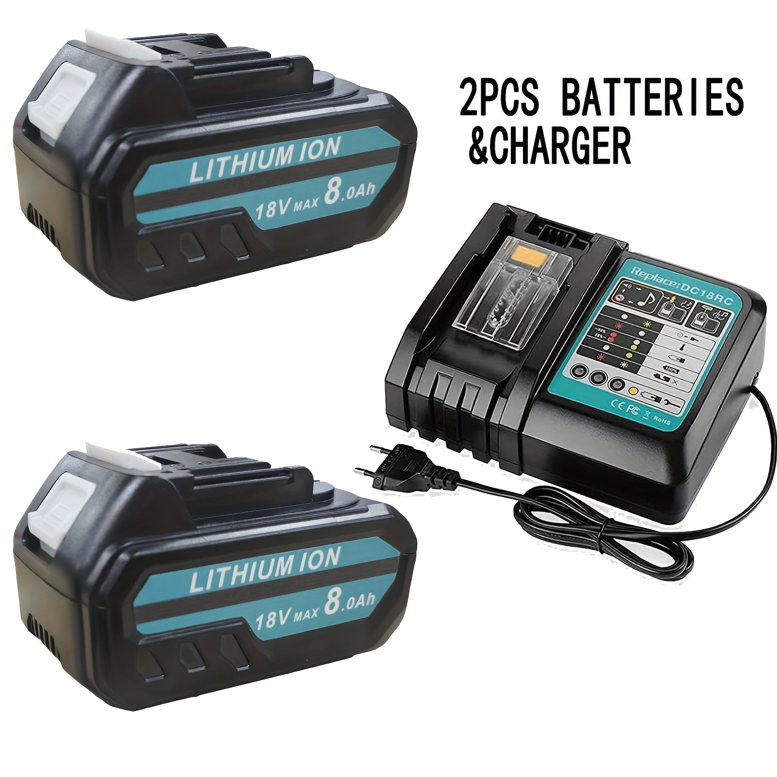 2pcs 8.0 Battery Charger Set, Replacement Li-Ion Rechargeable Batteries 18V 8000mAh Battery Compatible with Makita BL1815 BL1830 BL1840 BL1850 18V 8.0Ah Battery &Charger with LED Indicator