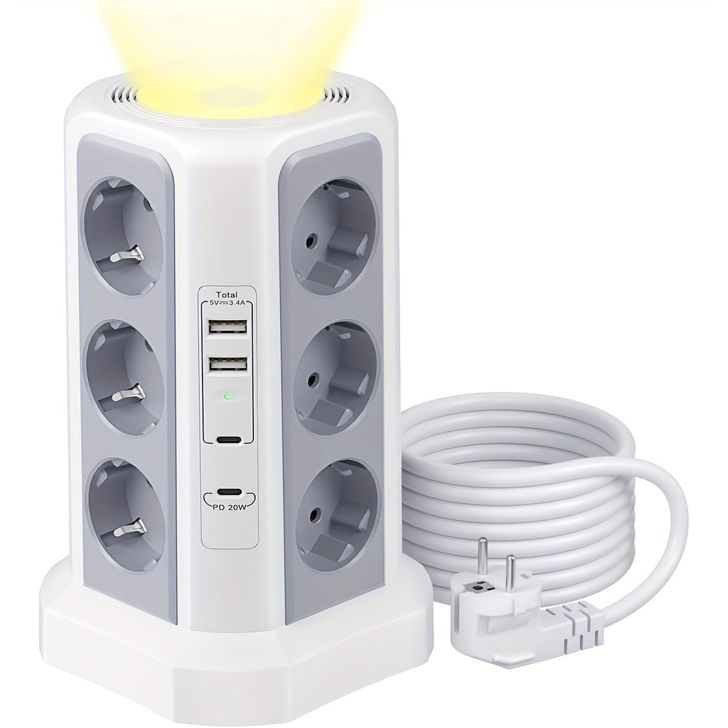 12-Fach Steckdosenleiste (4000W/16A) mit USB-C PD 20W, Turmsteckdose, Spannungsschutz, 4 USB-Anschlüssen und 2m Verlängerungskabel – Mehrfachsteckdose für Zuhause & Gewerbe