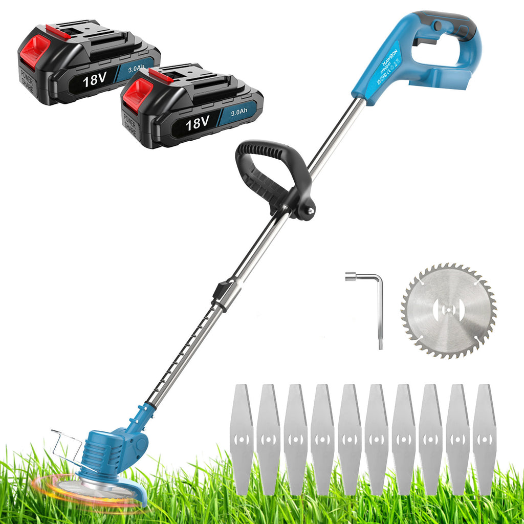 Kabelloser Strimmer mit 2 Akkus, Rasenmäher für den Garten, elektrischer Rasenmäher mit Metallklingen, 90° Kopfrotation, Bürstenrasenmäher zum Reinigen von Unkraut und Rasen