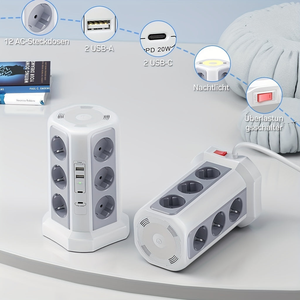 12-Fach Steckdosenleiste (4000W/16A) mit USB-C PD 20W, Turmsteckdose, Spannungsschutz, 4 USB-Anschlüssen und 2m Verlängerungskabel – Mehrfachsteckdose für Zuhause & Gewerbe