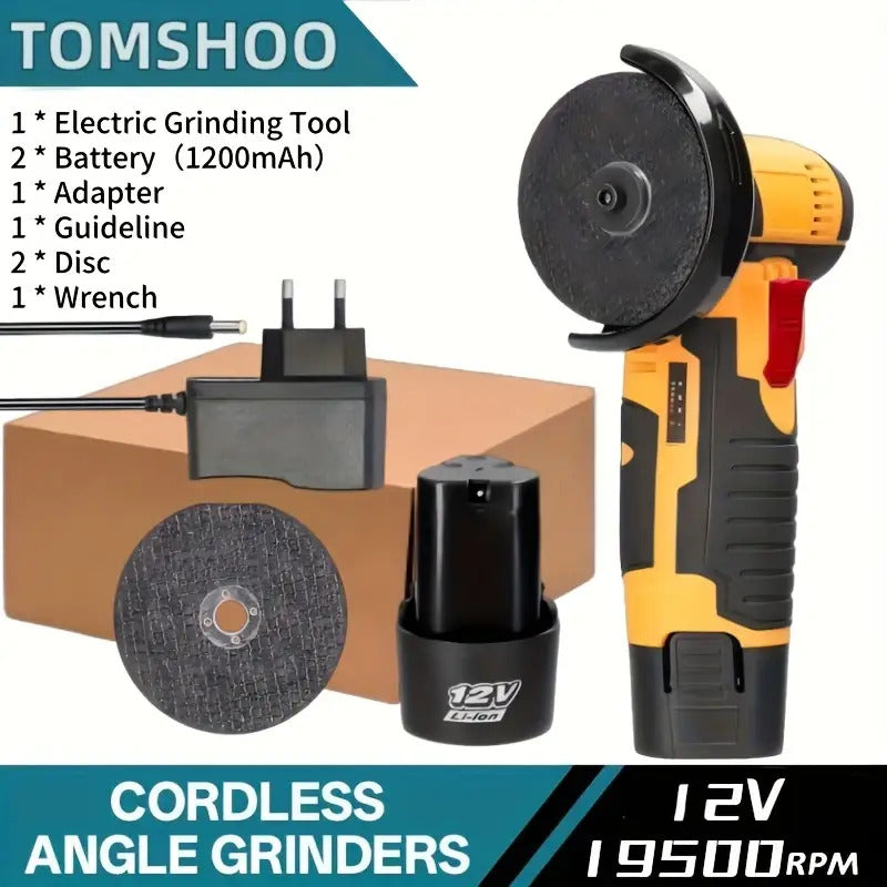 TOOMSHOO Elektrischer Winkelschleifer Multifunktions-Handgerät für Keramikfliesen, Holz, Stein und Stahl mit 2x 1200mAh Akkus & 2 Schleifscheiben – Robuste Konstruktion