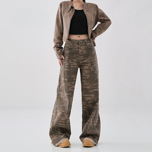 Camouflage high-waisted jeans women's 2024 autumn and winter new lace edge design sense niche loose wide-leg floor-mopping trousers