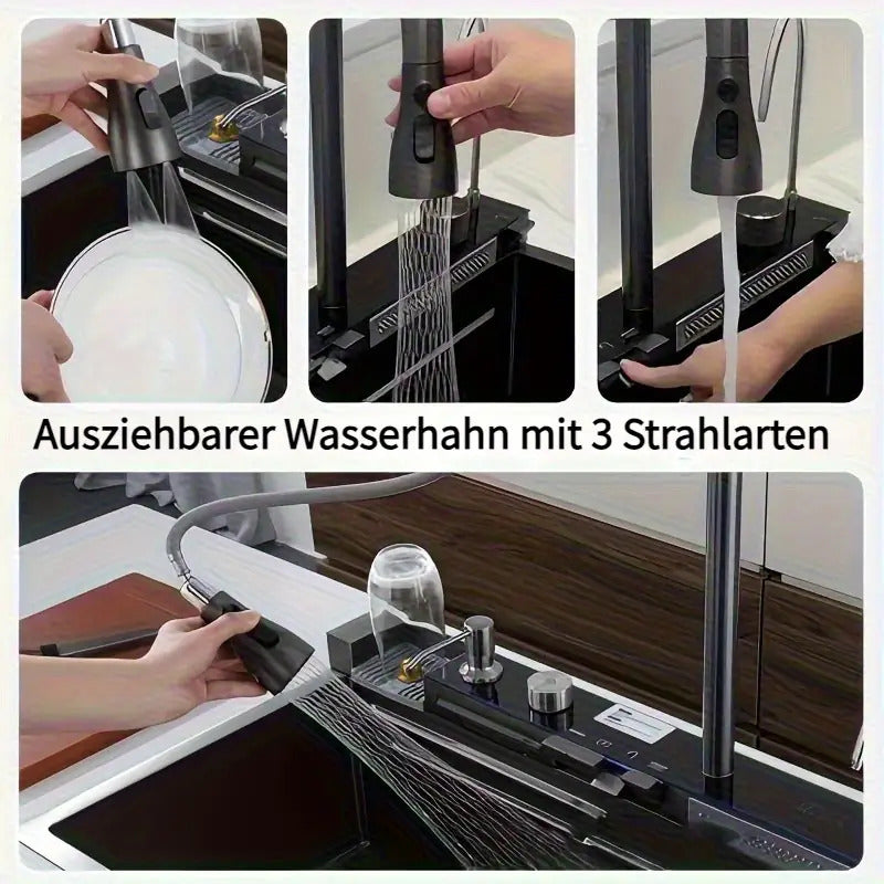Digitale Wasserfall-Spüle Einzelbecken Küchenspüle Größe 75x45cm Schwarz Edelstahl Küchenspüle Multifunktionaler Digitaldisplay Abziehbarer Sprüherarmatur Intelligente Moderne Küchenspüle mit Komplettem Zubehör Rechts Abfluss Langlebig für Küche und Resta