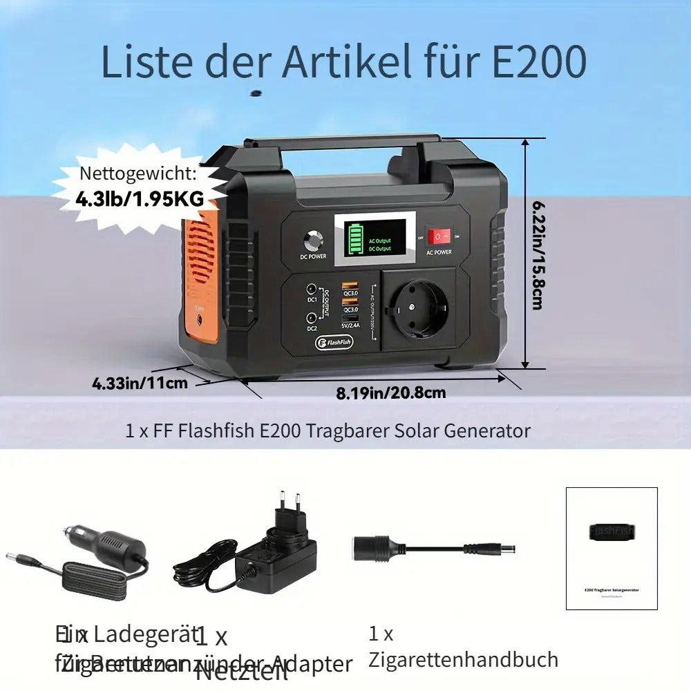 Solar-Generator mit Solarpanel Inklusive, Flashfish 200W Tragbare Kraftstation + 60W Solarmodul, 200W AC-Ausgänge, 151Wh/40800mAh Backup-Batterie für Haus/Wohnmobil/Camping Stromausfall