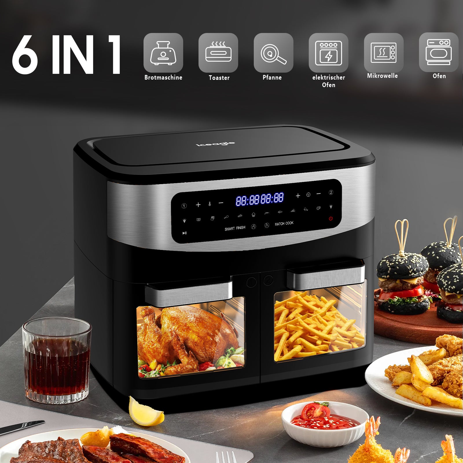 Hot Air Fryer Double Chamber Airfryer 12L - XXL Hot Air Fryer with Viewing Window, LED Touchscreen, 2 Baskets, 10 Programs, Sync Finish & Dual Cook, Dehydrator Function, 2600W