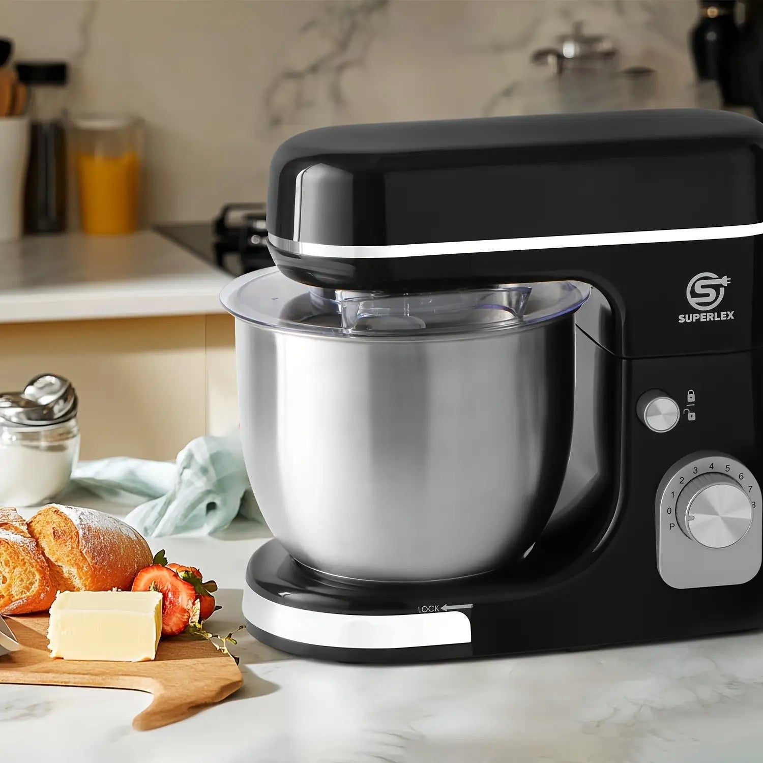 SUPERLEX 3-in-1 Standmixer 5L mit 8 Geschwindigkeiten, Küchenmaschine mit Pulsfunktion, Teighaken, Schneebesen und Rührbesen für Kuchen und Brot, 1300W [Energieklasse A+++