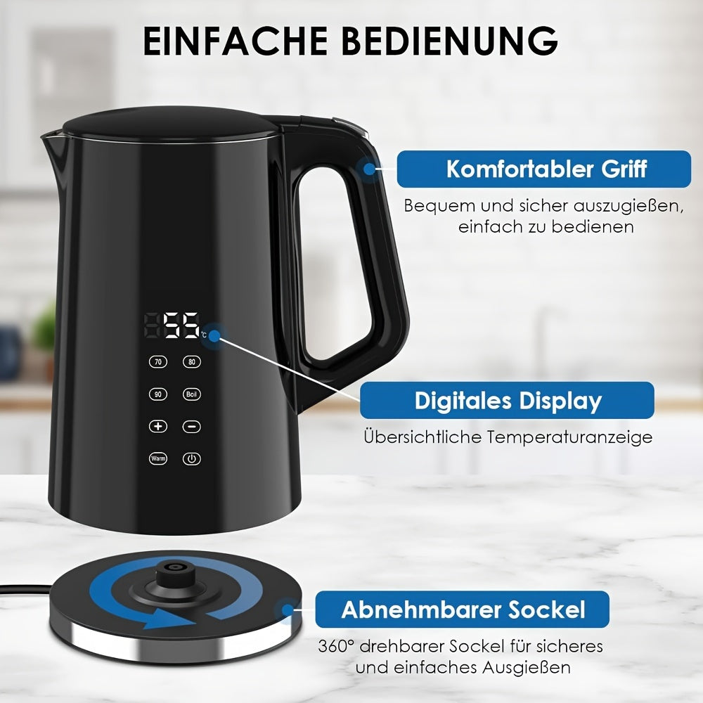 1.7L Edelstahl-Elektrischer Wasserkocher mit Digitaler Temperaturregelung (40-100°C), Doppelwandig Isoliert, Trockenlaufschutz, BPA-frei, Schwarz - Perfekt für den Hausgebrauch und den Gewerbegebrauch