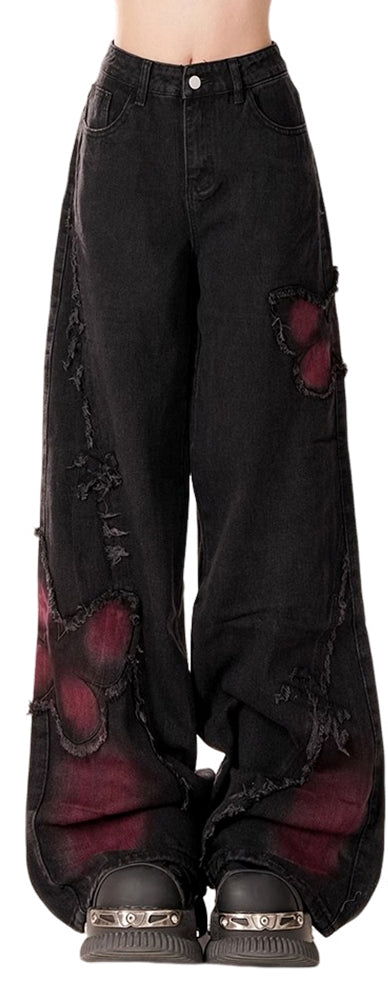 Black smudged butterfly embroidered jeans women's autumn sweet and cool babes straight slightly wide-leg pants tide