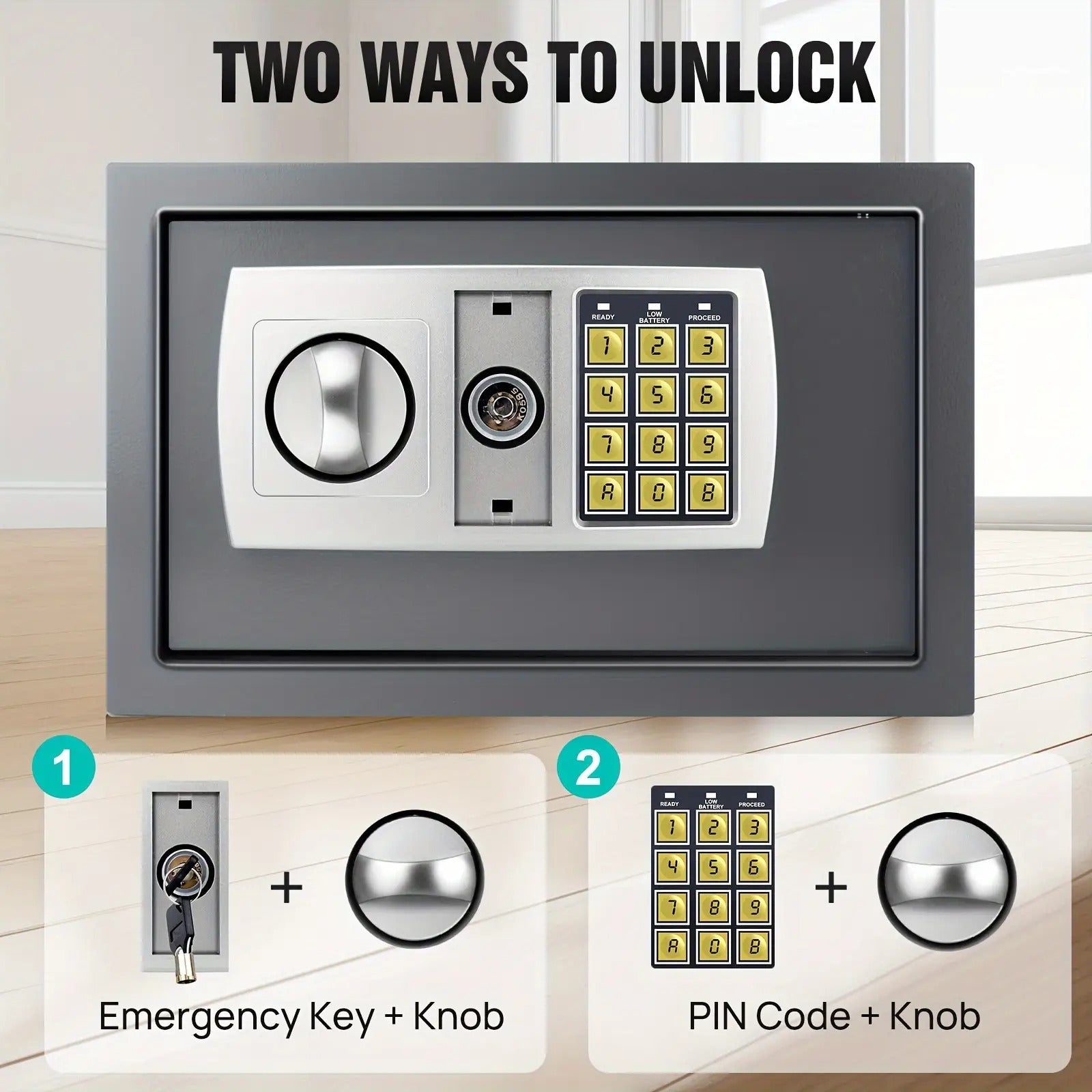 Sichere Heimsafes, Safe mit Digital-Tastatur, 8,5 L Elektronischer Sicherheitsschrank mit Schlüssel, Vollstahl-In-Wand-Heim- und Bürosafe, Grau