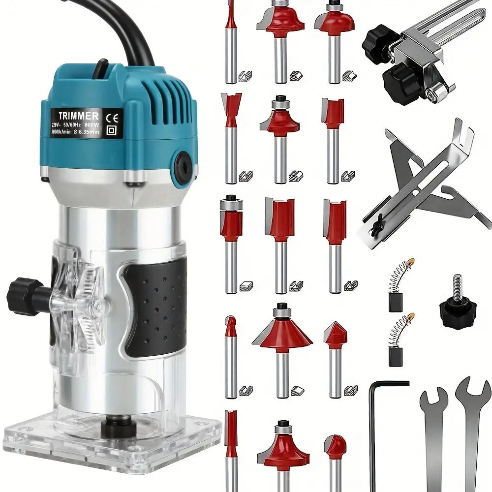30000 U/min, 800 W Holzfräsmaschine für Schnitzen, Fräsen, Trimmen, Rillen, 1/4 Zoll Spannfutter + präzise Tiefenverstellung, elektrischer Holzschneider, Tischler-Elektrowerkzeug, Fräser-Set (15 Stk.), geeignet für DIY