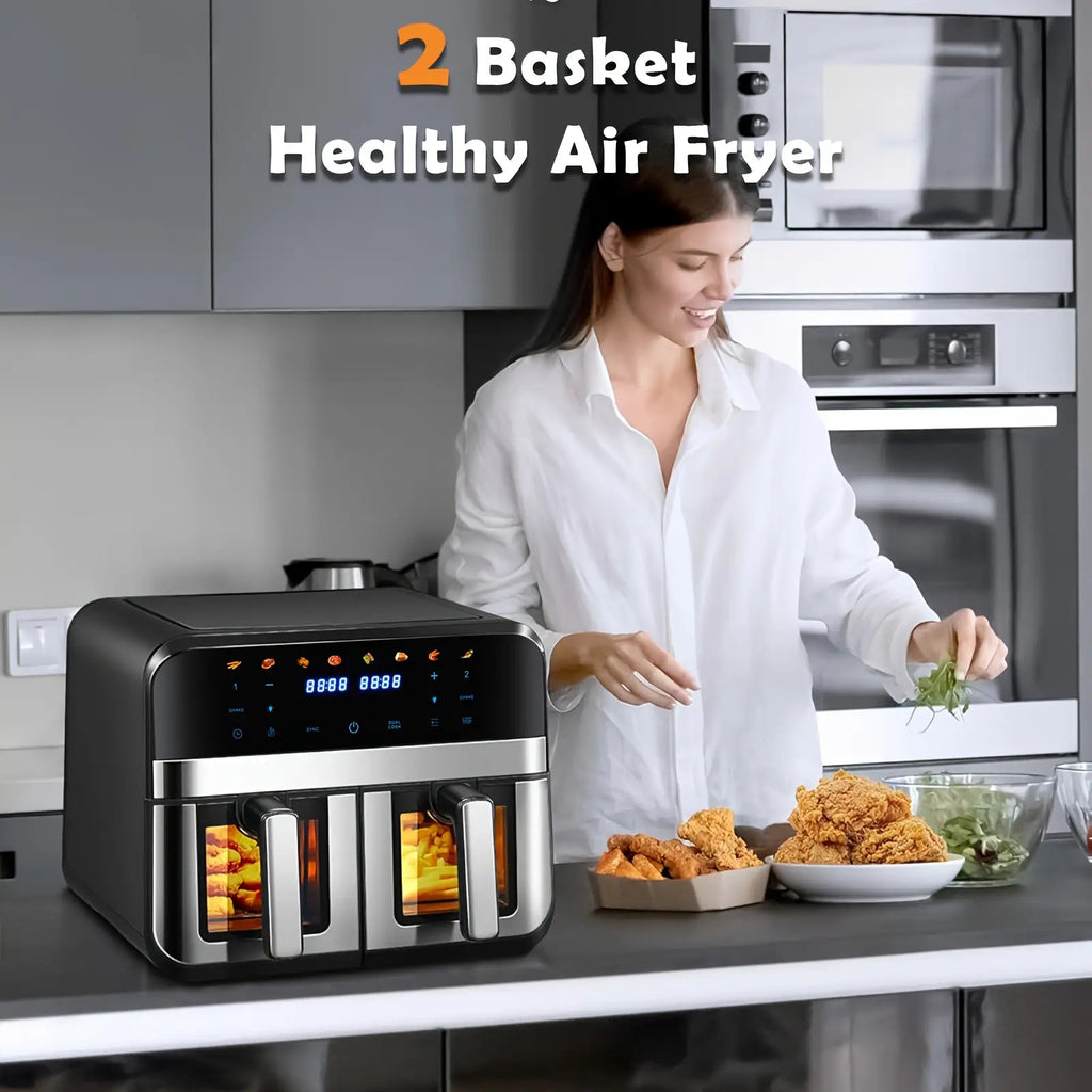 9L Doppel-Luftfritteuse mit Sichtfenster, 8 Kochvorsätze, Touchscreen, LED-Display, Digitale Zonenluftfritteuse mit Kochbuch, Timer & Temperaturkontrolle, Antihaftbeschichtet
