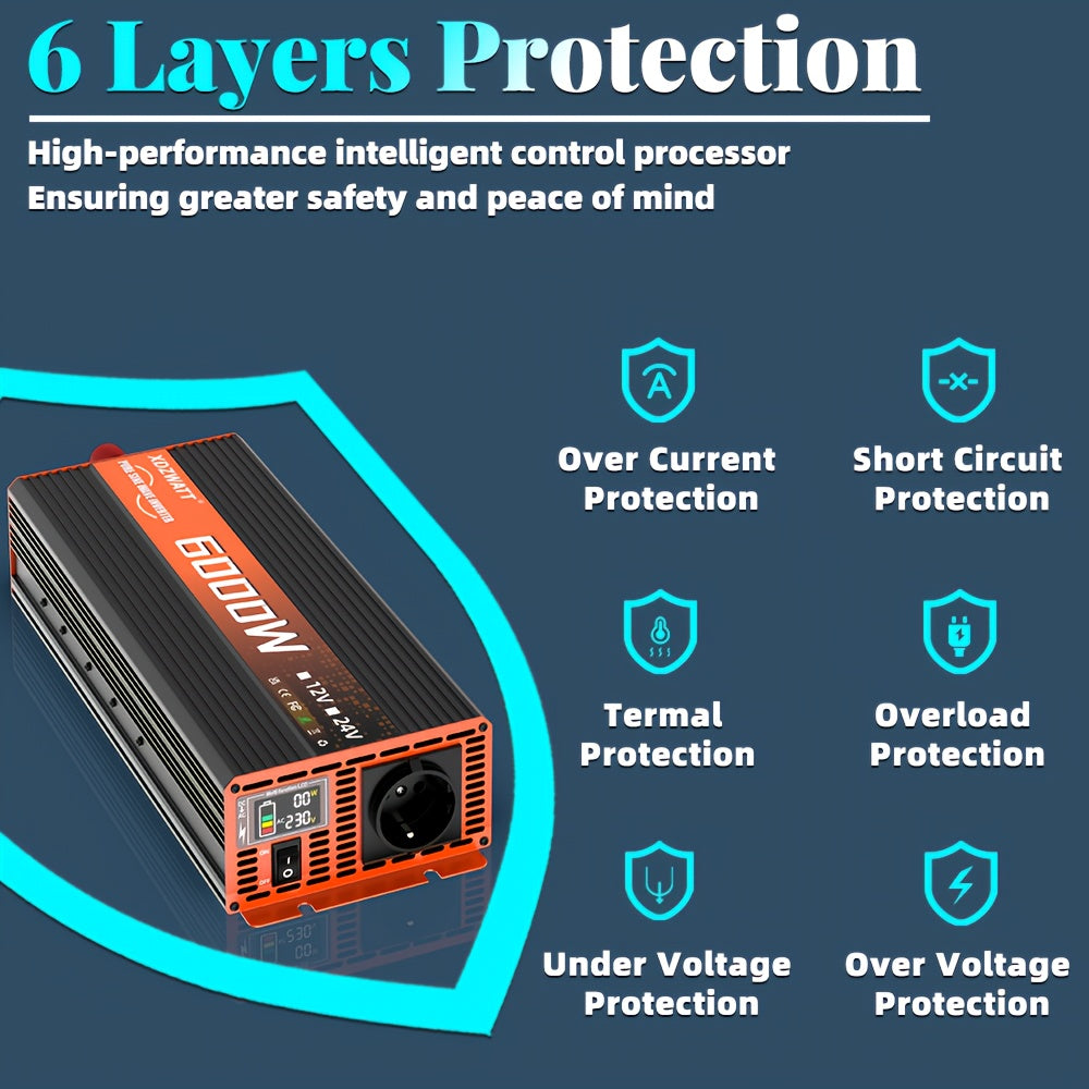 2500W 3500W 6000W Pure Sine Wave Power Inverter Voltage Converter DC12V To AC 220V With Smart LCD Display For Truck RV Home Solar System, Without Battery