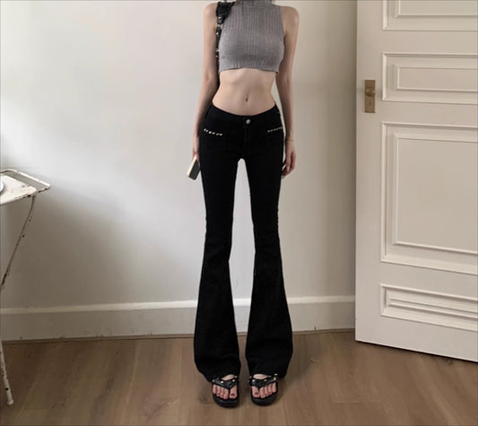 Low waist black slim fit straight rivet jeans women's American retro autumn pants micro-flared trousers floor-mopping trousers