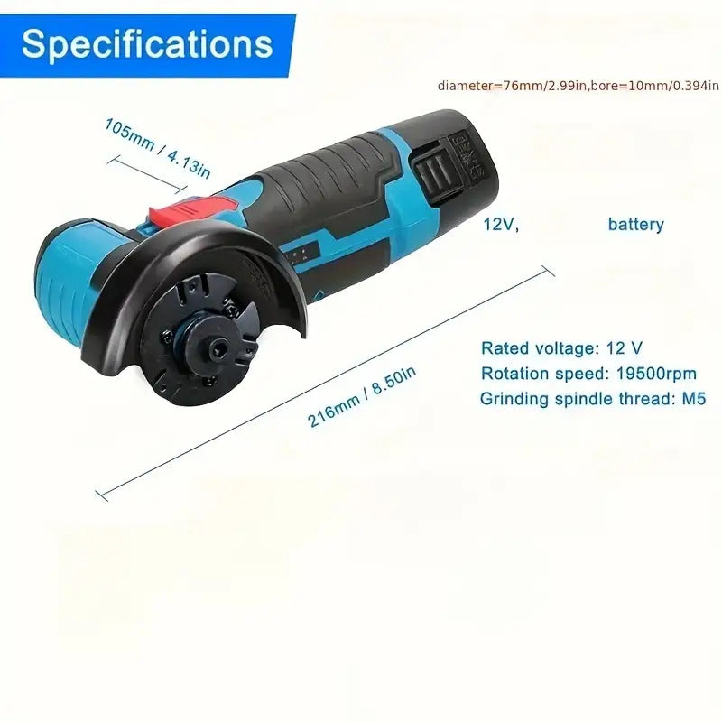 TOOMSHOO Elektrischer Winkelschleifer Multifunktions-Handgerät für Keramikfliesen, Holz, Stein und Stahl mit 2x 1200mAh Akkus & 2 Schleifscheiben – Robuste Konstruktion