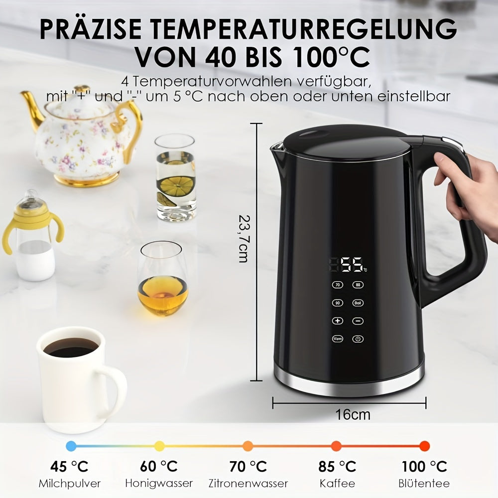 1.7L Edelstahl-Elektrischer Wasserkocher mit Digitaler Temperaturregelung (40-100°C), Doppelwandig Isoliert, Trockenlaufschutz, BPA-frei, Schwarz - Perfekt für den Hausgebrauch und den Gewerbegebrauch