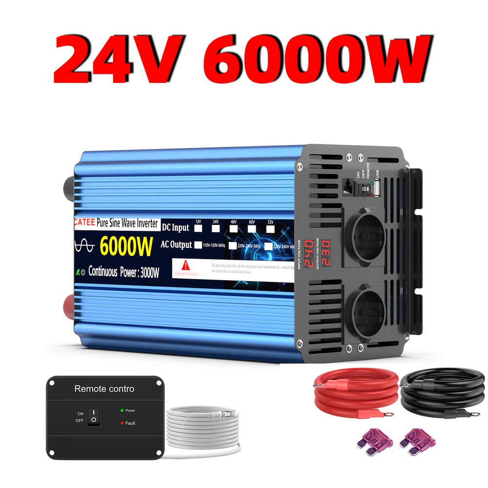 FLAMEZUM 3000W-6000W DC12V/24V zu 220V reiner Sinuswell-Wechselrichter mit LCD-Fernbedienung, EU-Steckdose und AC-Ausgang für Auto, Wohnmobil, Solarpanel - Kompaktes Design, keine Batterie erforderlich, Wechselrichter für Solarpanele, elektrische Upgrade