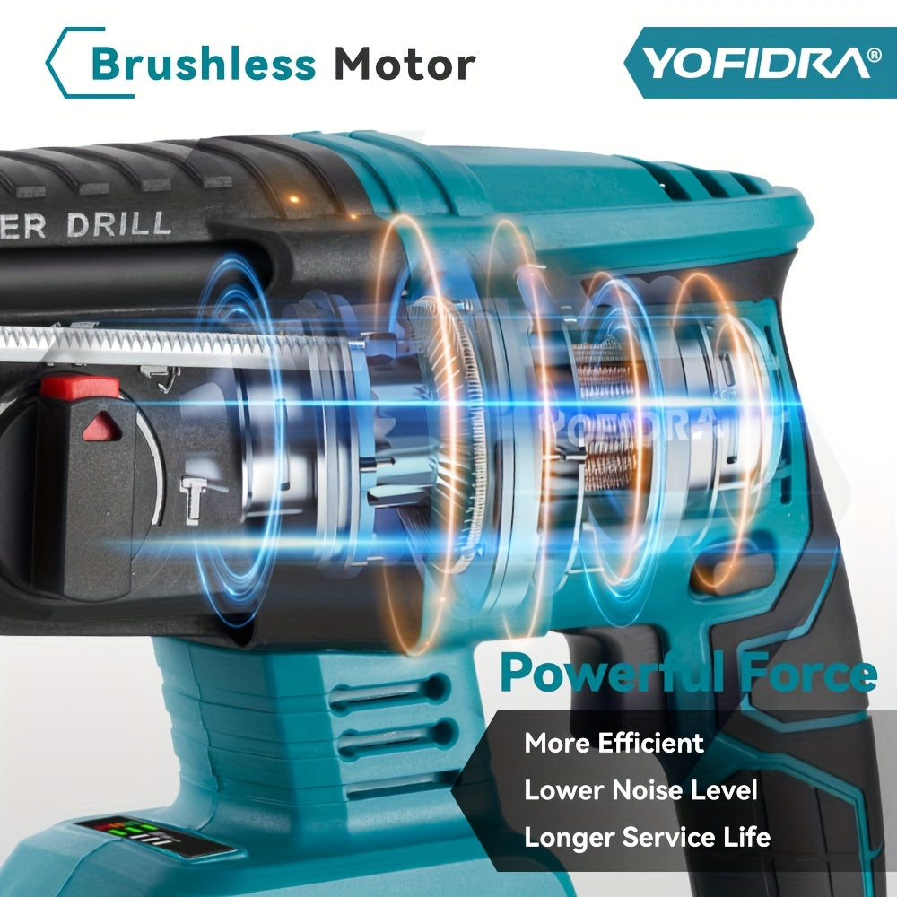 Brushless Elektro-Hammerbohrer, 26mm mit Bohrer, 4-Gang Akku-Schlagbohrmaschine für Beton, Stahl und Holz, kompatibel mit YOFIDRA-Akku