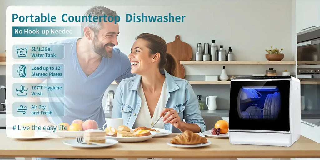 Unabhängiger Geschirrspüler für die Arbeitsplatte, 5+1 Waschprogramme, integrierter 5-Liter-Wasserbehälter, zwei Wasserzufuhrmodi, mit Heißlufttrocknung und automatischer Belüftungsfunktion, geeignet für Wohnungen, Wohnmobile und Wohnungen.