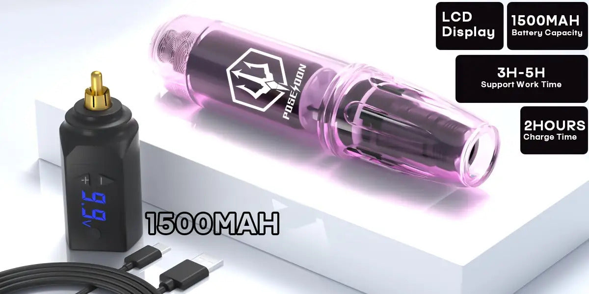 POSEIDON Tattoo-Maschinen-Set Komplettset mit 20 Tätowier-Nadeln, 1500mAh Akku, kabellose Tätowiermaschine inklusive 11 Tinten – Perfekt für Anfänger und professionelle Künstler