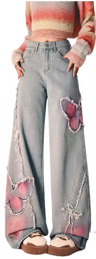 Black smudged butterfly embroidered jeans women's autumn sweet and cool babes straight slightly wide-leg pants tide