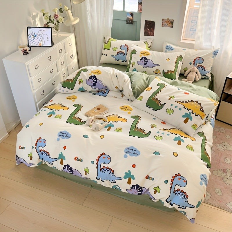 Vier Jahreszeiten Hautfreundlicher Druck Dinosaurier Park Fleece Set, 100% Baumwolle, Inklusive 1 Bettdecke + 2 Kissenbezüge + 1 Spannbettlaken, Weich und atmungsaktiv, Schweißableitend, Einfach aber elegant, Maschinenwaschbar