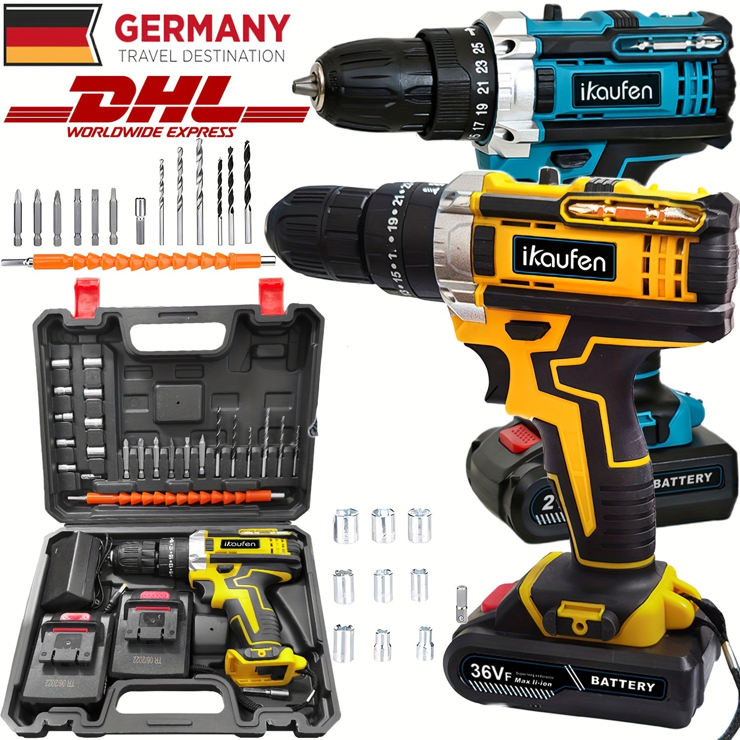3-in-1 Schwarzer Impact-Bohrer mit 36V wiederaufladbarem Akku, Kapazität 2,0Ah und 2,0Ah/1,0Ah Kombipack - ergonomische Handhabung, LED-Licht, 12+ Zubehör für Heimwerker, Bau, DIY-Projekte, Baugeräte, schlanker Werkzeugdesign, langlebige Konstruktion